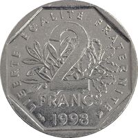 سکه 2 فرانک 1998 جمهوری پنجم - EF45 - فرانسه