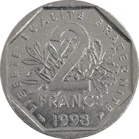 سکه 2 فرانک 1998 جمهوری پنجم - EF45 - فرانسه