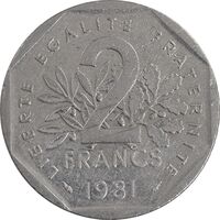 سکه 2 فرانک 1981 جمهوری پنجم - AU50 - فرانسه