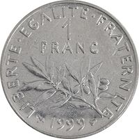 سکه 1 فرانک 1999 جمهوری پنجم - AU50 - فرانسه