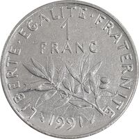 سکه 1 فرانک 1991 جمهوری پنجم - AU55 - فرانسه