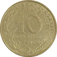 سکه 10 سانتیم 1992 جمهوری کنونی - ماریان - AU58 - فرانسه