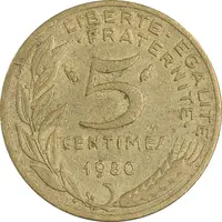 سکه 5 سانتیم 1980 جمهوری کنونی - ماریان - AU50 - فرانسه