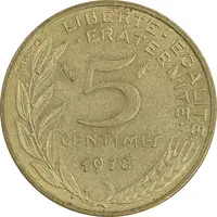 سکه 5 سانتیم 1978 جمهوری کنونی - ماریان - AU50 - فرانسه
