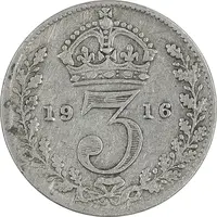 سکه 3 پنس 1916 جرج پنجم - EF40 - انگلستان