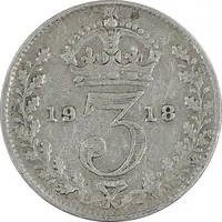 سکه 3 پنس 1918 جرج پنجم - EF40 - انگلستان