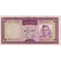 اسکناس 100 ریال (آموزگار - سمیعی) نوشته قرمز - ارور کادر - تک - VF30 - محمد رضا شاه