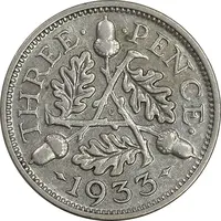 سکه 3 پنس 1933 جرج پنجم - AU50 - انگلستان