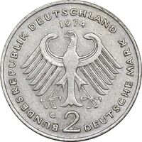 سکه 2 مارک 1974G جمهوری فدرال - کنراد آدناور - EF45 - آلمان