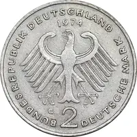 سکه 2 مارک 1974G جمهوری فدرال - کنراد آدناور - EF45 - آلمان