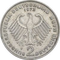 سکه 2 مارک 1973F جمهوری فدرال - تئودور هویس - EF45 - آلمان