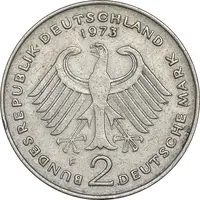 سکه 2 مارک 1973F جمهوری فدرال - تئودور هویس - EF45 - آلمان