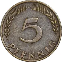 سکه 5 فینیگ 1949D جمهوری فدرال - EF40 - آلمان