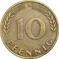 سکه 10 فینیگ 1950D جمهوری فدرال - EF45 - آلمان