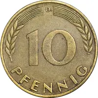 سکه 10 فینیگ 1950D جمهوری فدرال - EF45 - آلمان