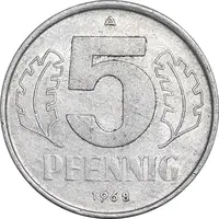 سکه 5 فینیگ 1968A جمهوری دموکراتیک - AU58 - آلمان
