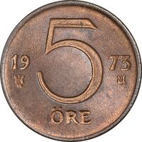 سکه 5 اوره 1973 گوستاو ششم - AU58 - سوئد