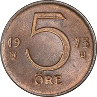 سکه 5 اوره 1973 گوستاو ششم - AU58 - سوئد