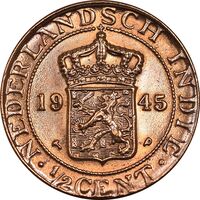 سکه 1/2 سنت 1945P ویلهلمینا - MS64 - اندونزی (هند شرقی هلند)