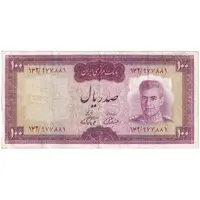 اسکناس 100 ریال (آموزگار - فرمان فرماییان) نوشته قرمز - تک - VF35 - محمد رضا شاه