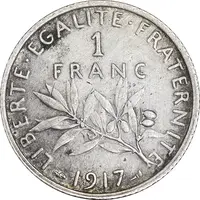 سکه 1 فرانک 1917 جمهوری سوم - EF45 - فرانسه