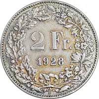 سکه 2 فرانک 1928 دولت فدرال - EF45 - سوئیس