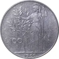 سکه 100 لیره 1966 جمهوری - EF45 - ایتالیا