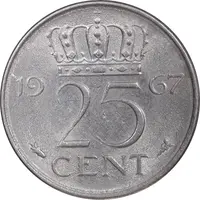 سکه 25 سنت 1967 یولیانا - MS61 - هلند