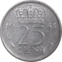 سکه 25 سنت 1948 ویلهلمینا - AU55 - هلند