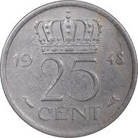 سکه 25 سنت 1948 ویلهلمینا - AU50 - هلند