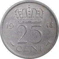 سکه 25 سنت 1948 ویلهلمینا - AU50 - هلند