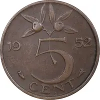 سکه 5 سنت 1952 یولیانا - EF45 - هلند