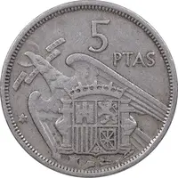 سکه 5 پزتا (58)1957 فرانسیسکو فرانکو - EF45 - اسپانیا