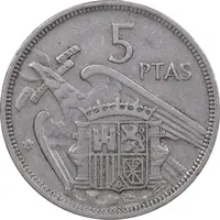 سکه 5 پزتا (نامعلوم)1957 فرانسیسکو فرانکو - EF45 - اسپانیا