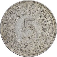 سکه 5 مارک 1951J جمهوری فدرال - AU53 - آلمان