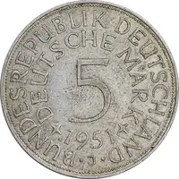 سکه 5 مارک 1951J جمهوری فدرال - AU53 - آلمان