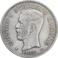 سکه 2 کرون 1910 گوستاو پنجم - تیپ 1 - AU55 - سوئد