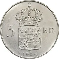 سکه 5 کرون 1954 گوستاو ششم - AU58 - سوئد