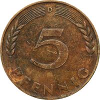 سکه 5 فینیگ 1950D جمهوری فدرال - EF45 - آلمان