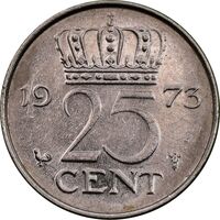 سکه 25 سنت 1973 یولیانا - AU55 - هلند