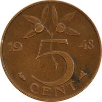 سکه 5 سنت 1948 ویلهلمینا - EF45 - هلند