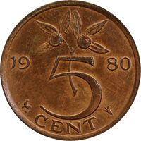 سکه 5 سنت 1980 یولیانا - AU50 - هلند
