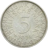 سکه 5 مارک 1974F جمهوری فدرال - AU50 - آلمان