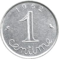 سکه 1 سانتیم 1962 جمهوری کنونی - AU55 - فرانسه