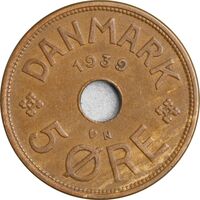 سکه 5 اوره 1939 کریستیان دهم - EF45 - دانمارک