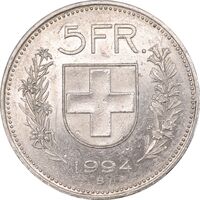 سکه 5 فرانک 1994 دولت فدرال - AU50 - سوئیس