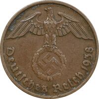 سکه 2 رایش فینیگ 1938D رایش سوم - EF45 - آلمان