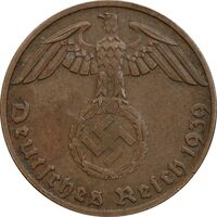 سکه 1 رایش فینیگ 1939B رایش سوم - EF45 - آلمان