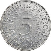 سکه 5 مارک 1951D جمهوری فدرال - EF - cleaned - آلمان