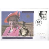 مجموعه تمبر و سکه یادبود روز اول انتشار به مناسبت پنجاهمین سال سلطنت ملکه الیزابت دوم 2002 - ملکه بر تخت - UNC - جزایر فالکلند
